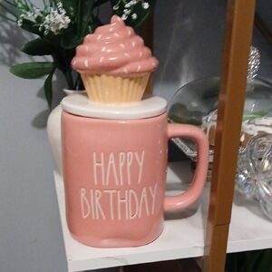 Rae Dunn Pink Happy Birthday Mug with Cupcake Lid